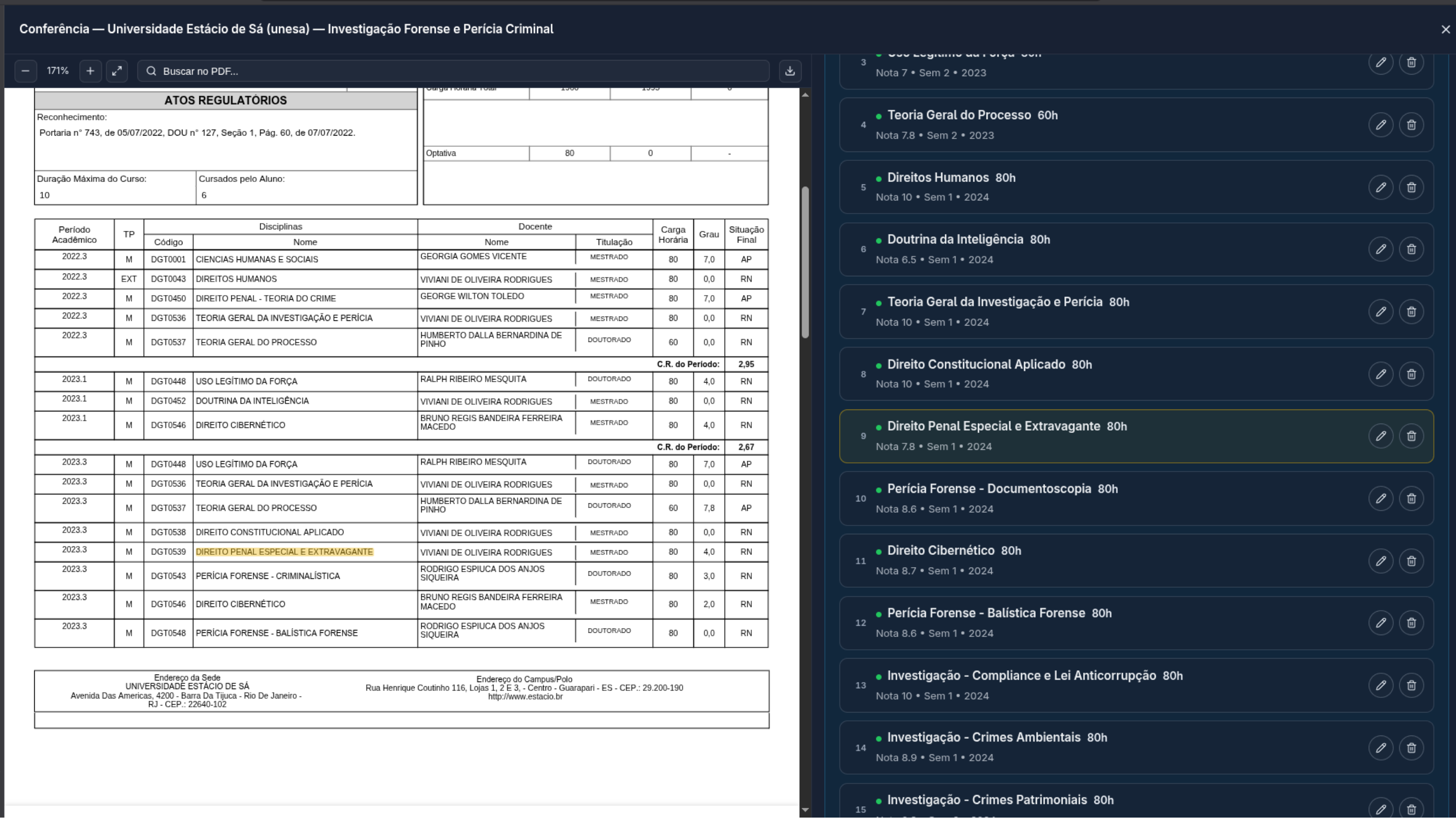 Conferência do histórico escolar extraído no PlannerNext