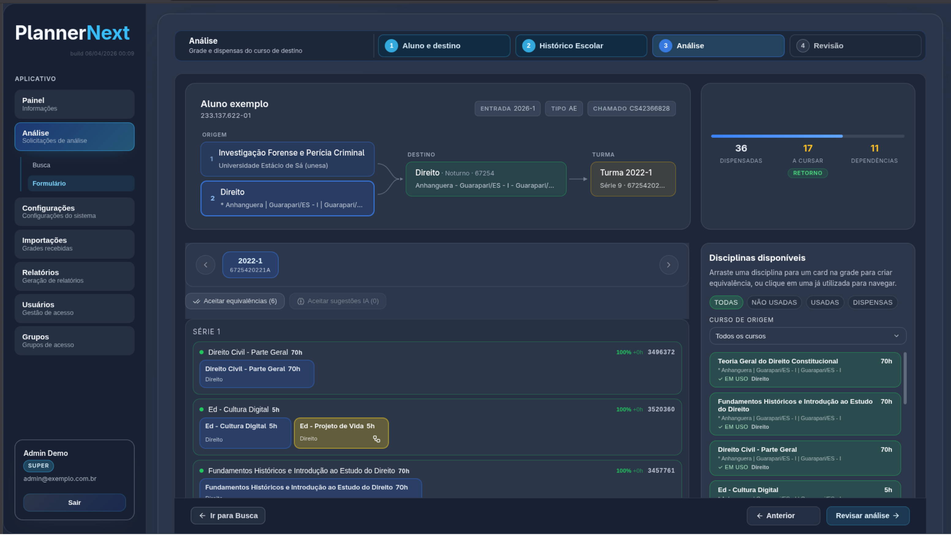 Análise de equivalência curricular no PlannerNext com sugestões do motor de inteligência