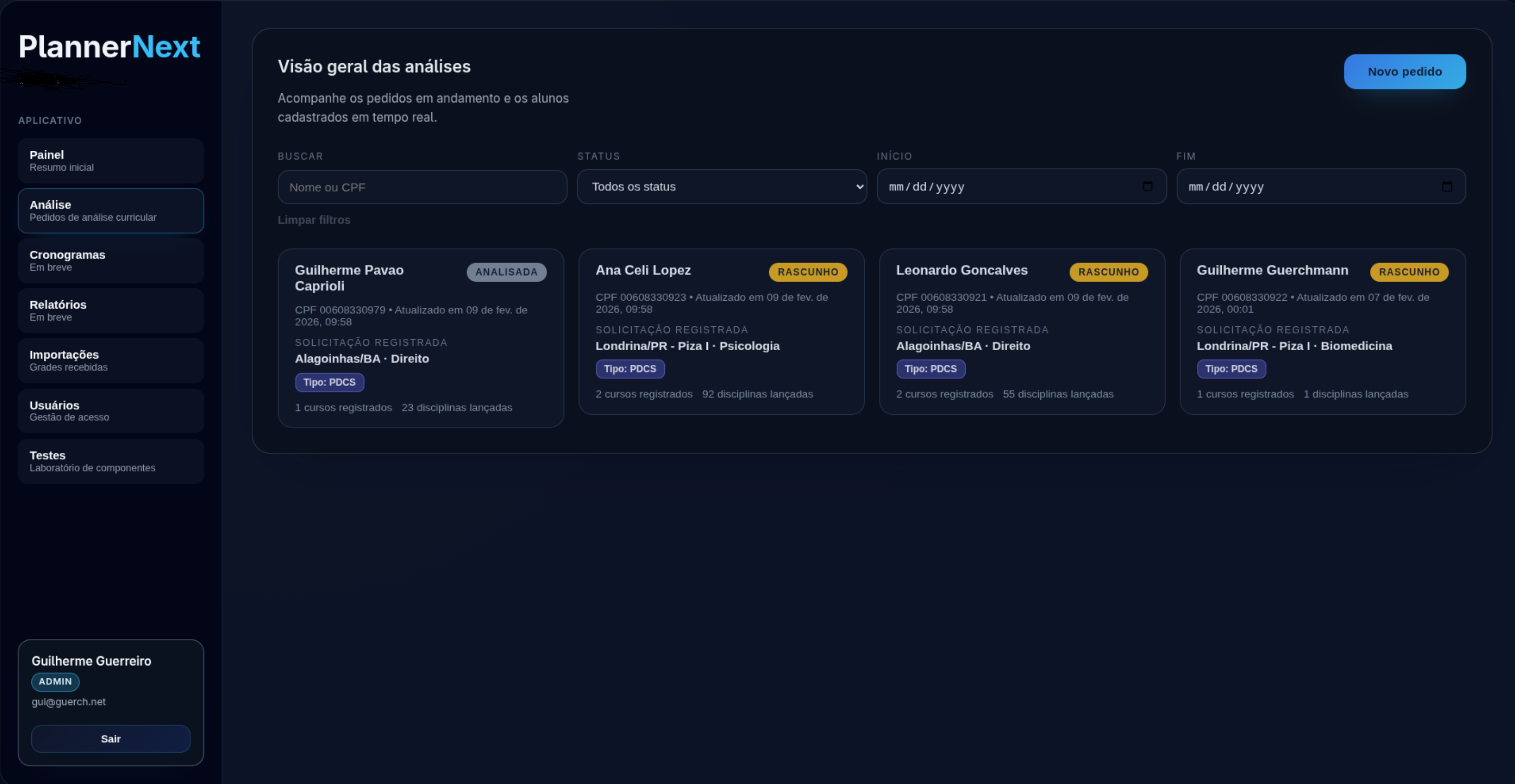 Painel do PlannerNext mostrando visão geral das análises de equivalência curricular