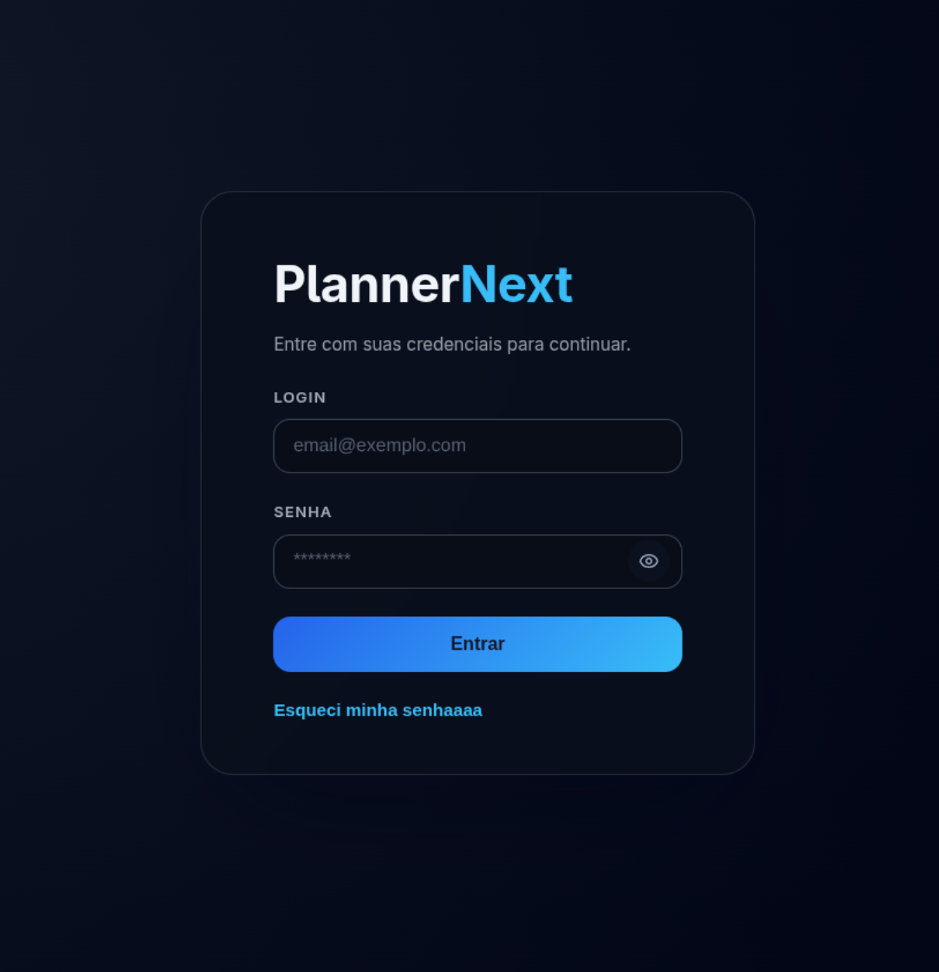 Tela de login do PlannerNext com design escuro e campos de email e senha